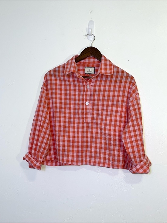 Tuckernuck Tops - Tuckernuck Gingham Cotton Seersucker Cropped Popover Blouse Top Women's S